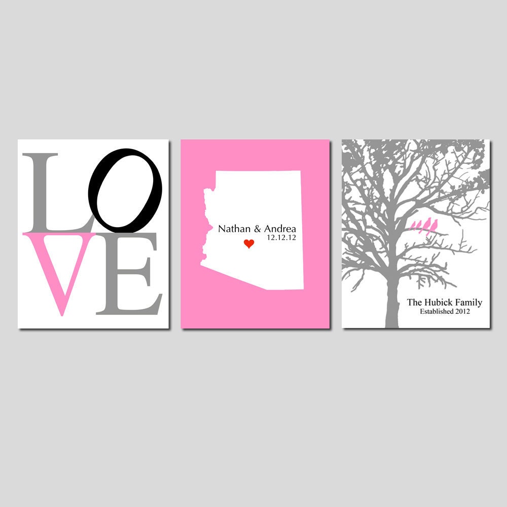 Modern Newlywed Trio - Set of Three 8x10 Customizable Prints - Love, Family Established Bird Tree, and Love Map - GREAT WEDDING GIFT