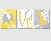 Modern Elephant Giraffe Love Trio - Set of Three 11x14 Nursery Prints - Choose Your Colors - Shown in Yellow, Gray, and More