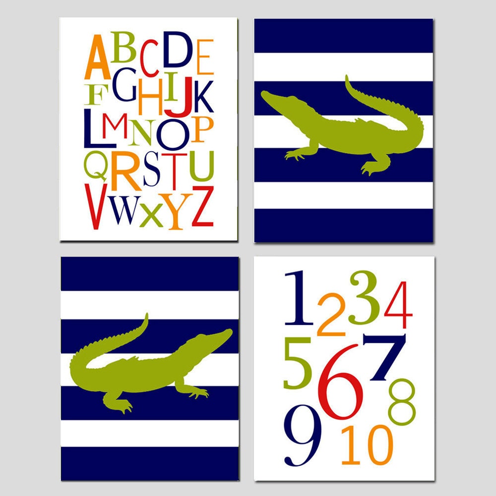 Alligator Alphabet Quad - Set of Four 11x14 Prints - Kids Wall Art for Nursery - Alphabet, Numbers, Striped Alligators - Pottery Barn