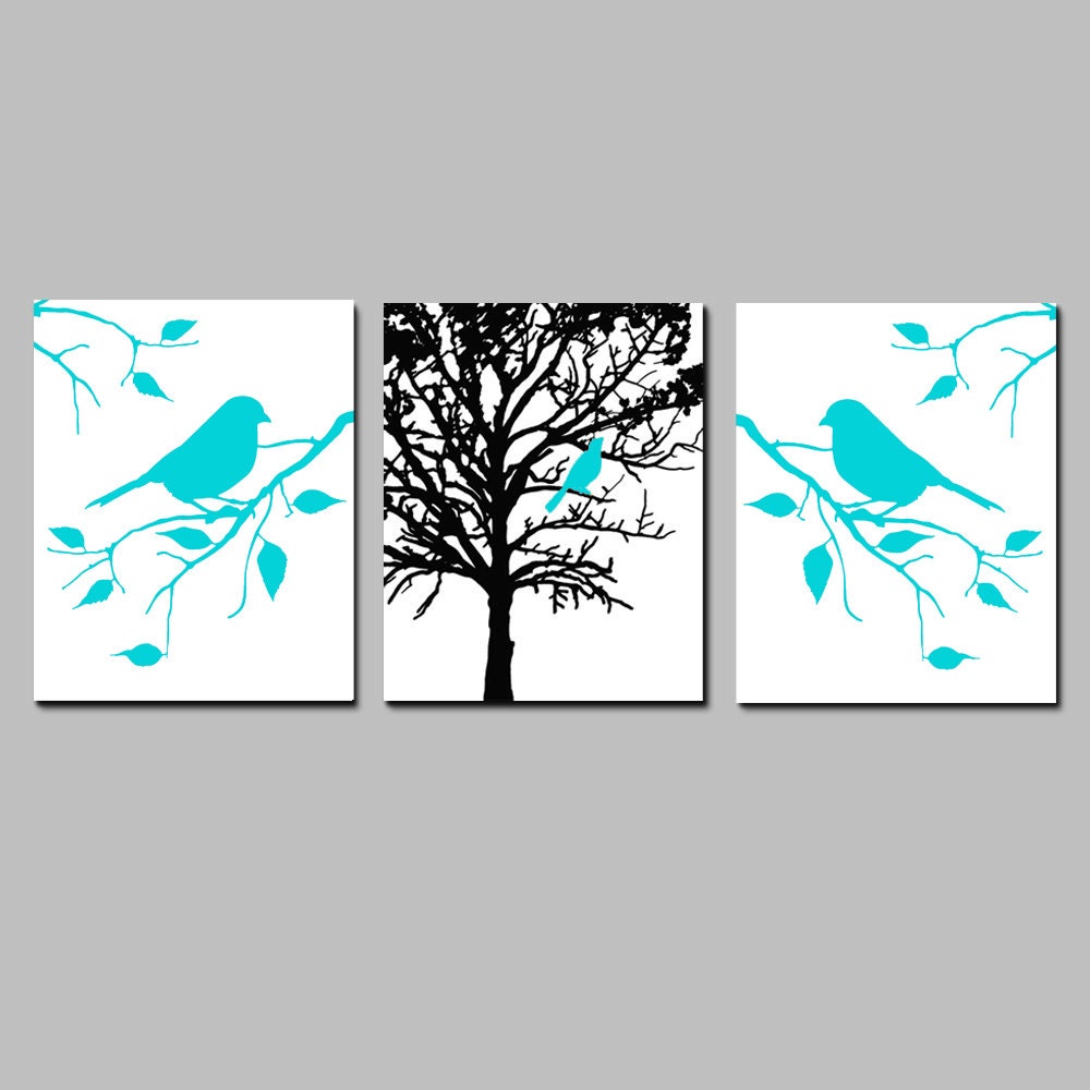 Modern Nature Trio - Set of Three 11x14 Prints - Birds in a Tree - Perfect for Nursery - Choose Your Colors - Shown in Aqua, Black, White