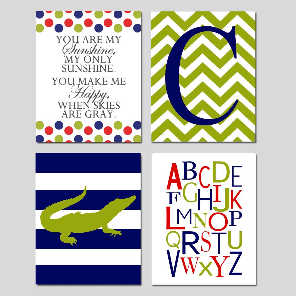 Alligator Quad - Set of Four 8x10 Prints - Kids Nursery Wall Art - You Are My Sunshine, Chevron Monogram, Striped Alligator, Alphabet