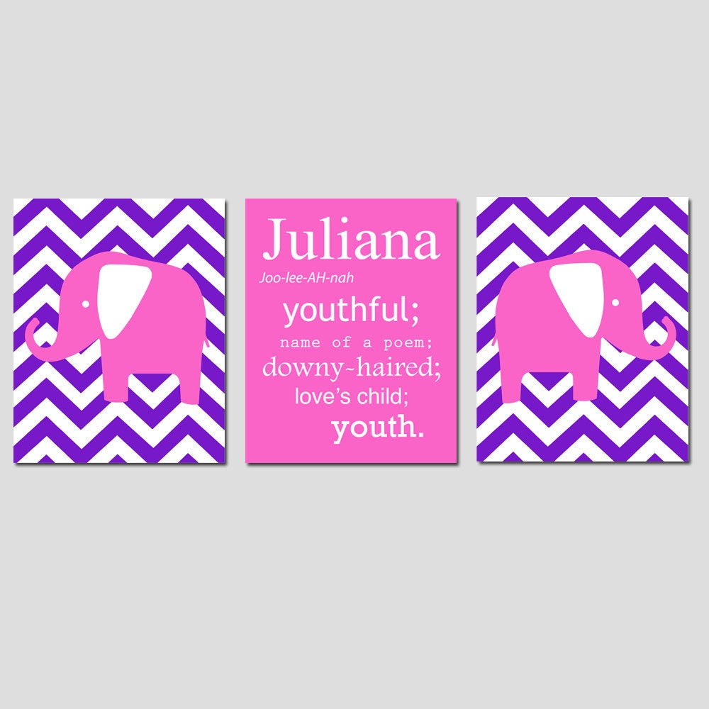 Nursery Wall Art - Customizable Baby Name Meaning Chevron Elephant Trio - Set of Three 8x10 Prints - Choose Your Colors