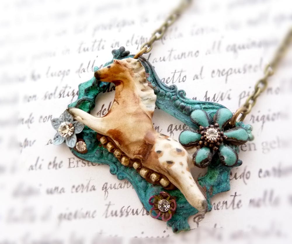 Appaloosa Art porcelain assemblage necklace  - torch fired patina