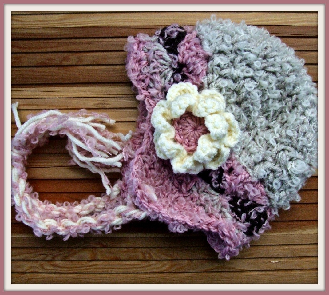 Children Hat Crochet Children Hat Toddler Girl Hat with Flower in Beige Mocha and Pink Colors READY TO SHIP