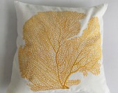 Golden yellow coral fan pillow - sea themed coastal style pillow cover