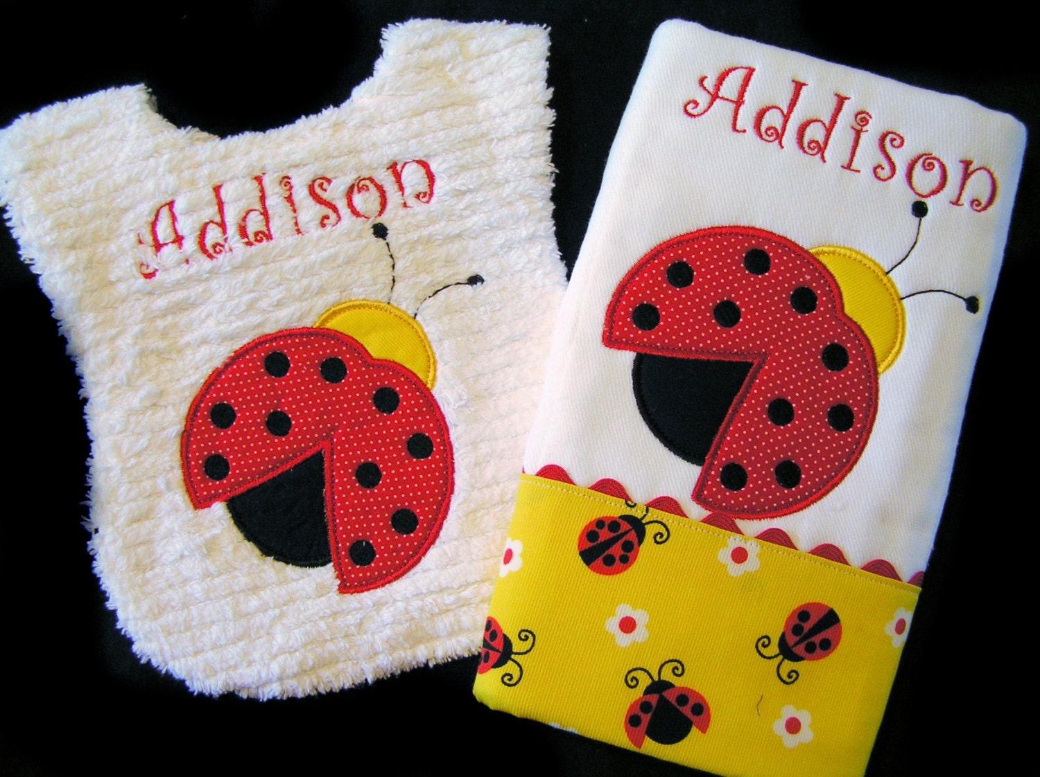Baby Gift Set - Personalized Bib and Burp Cloth - Fly Away Home - Ladybug