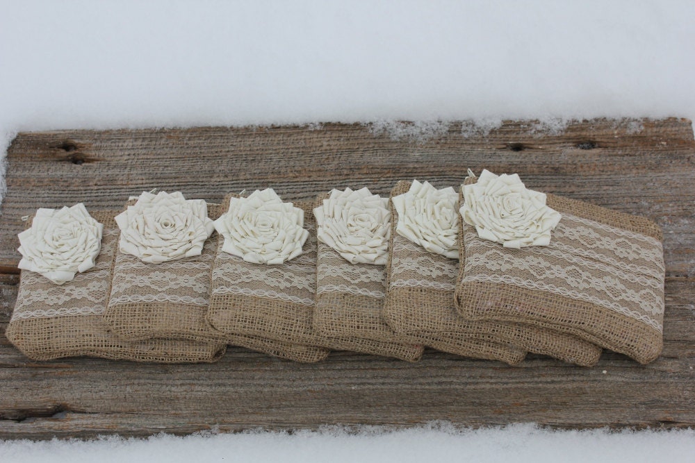 6 Burlap and Lace Wedding Clutches - Bridesmaid Clutch - Bridal Party - You Choose The Color Flower and Lining