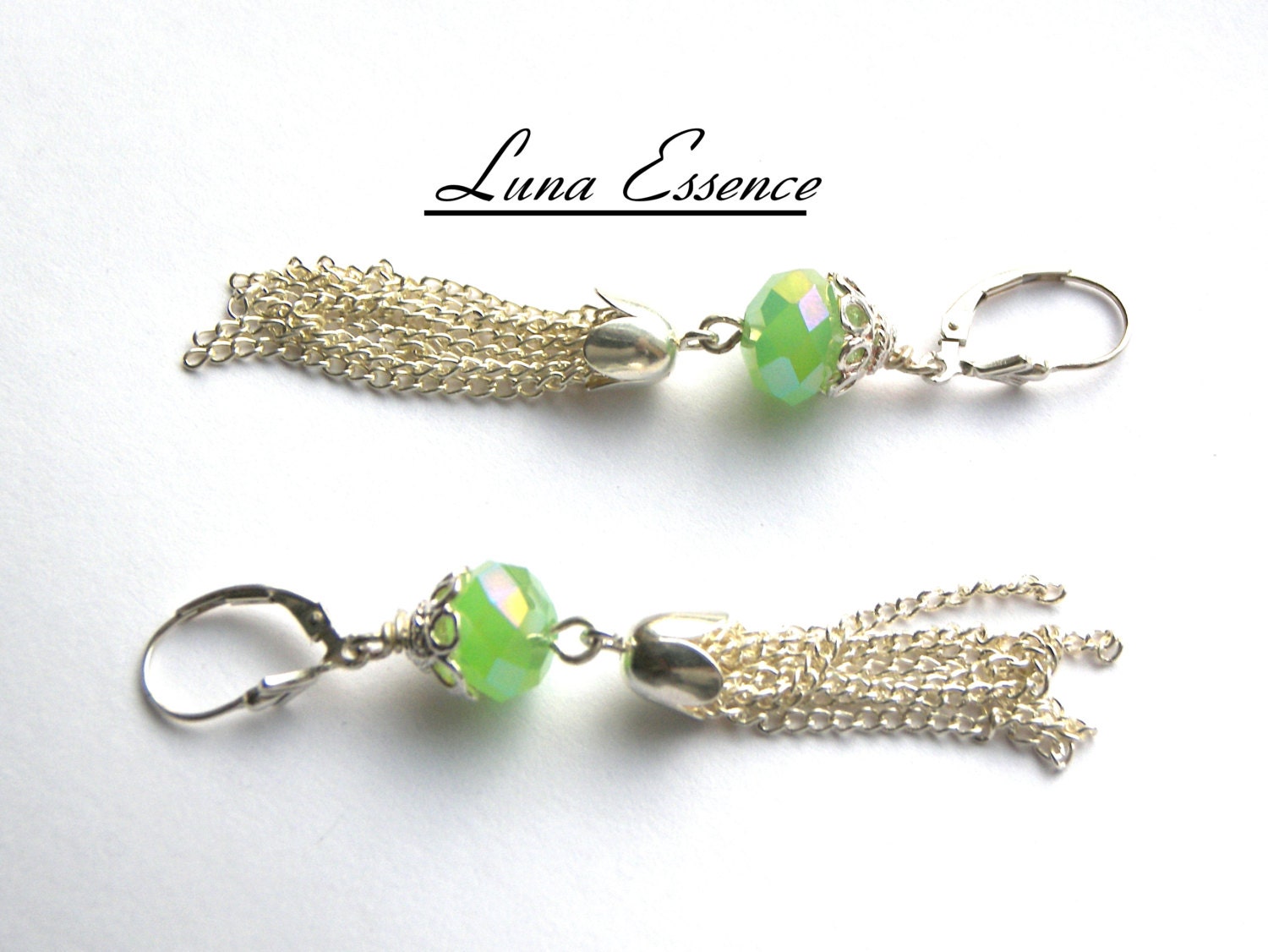 Green Peridot Opal Crystal Sterling Silver Tassel Chain Earrings