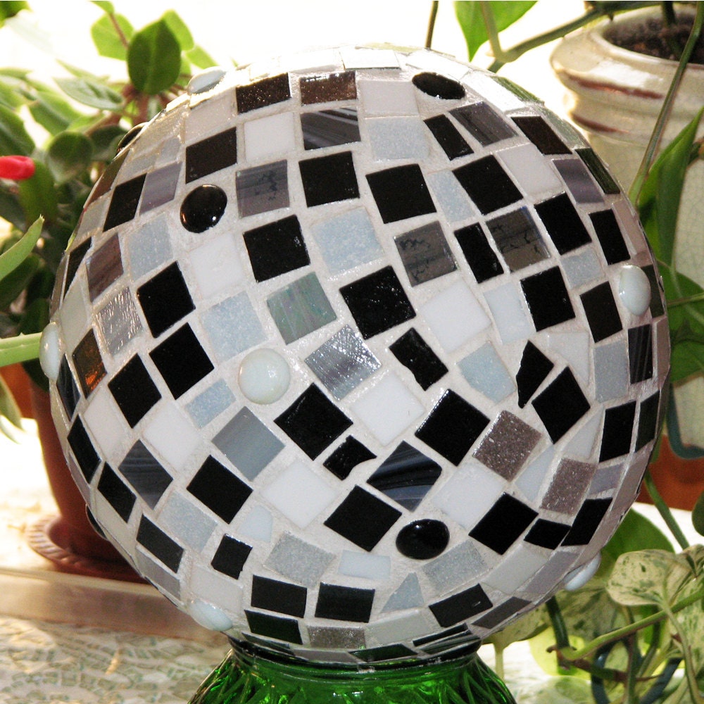 Black and White Mosaic Garden Sphere Made from a Recycled Bowling Ball