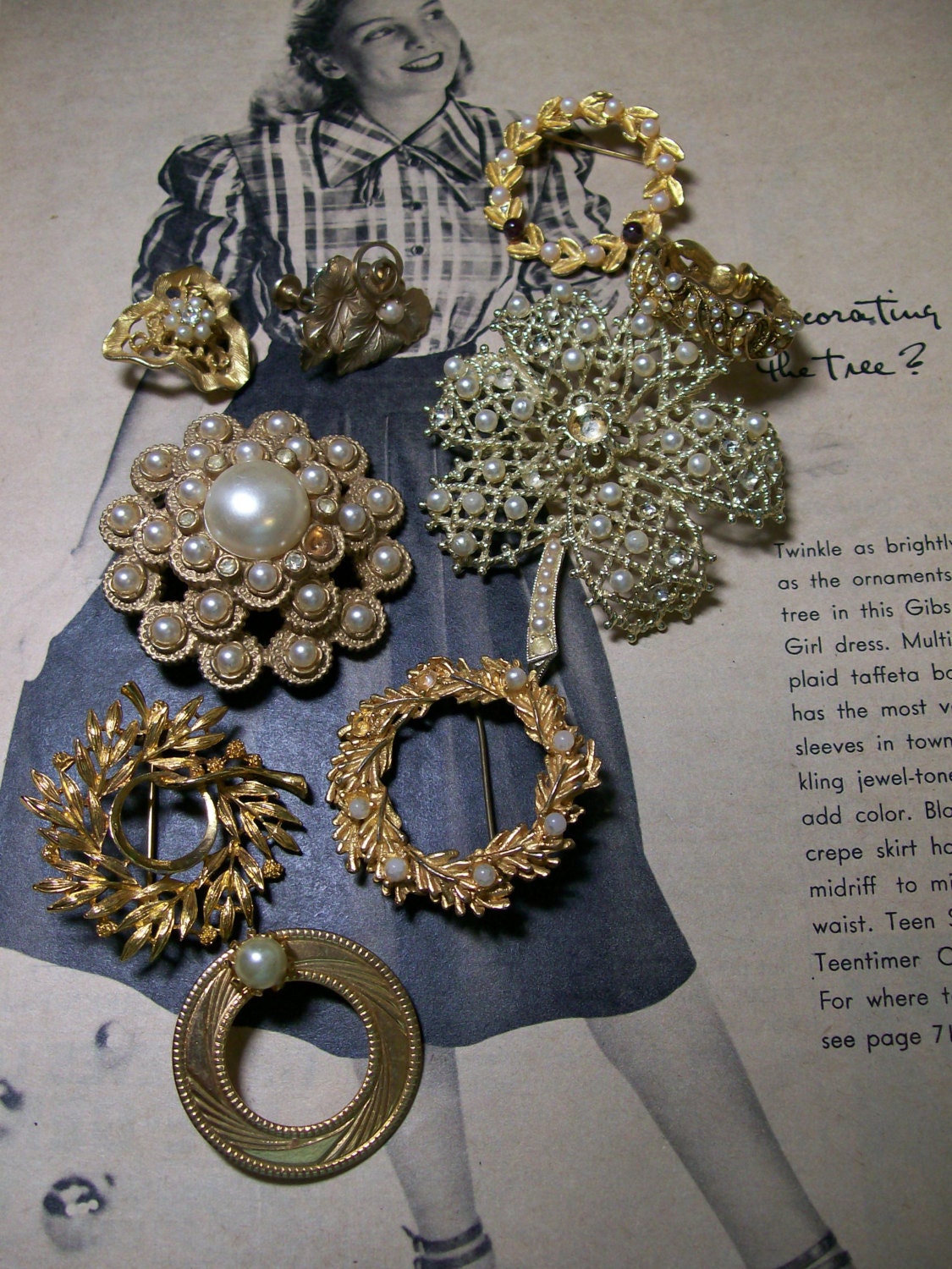 Repurpose Salvage Gold Tone Pearl Flower Brooch Earring mixed media destash bridal wedding collage