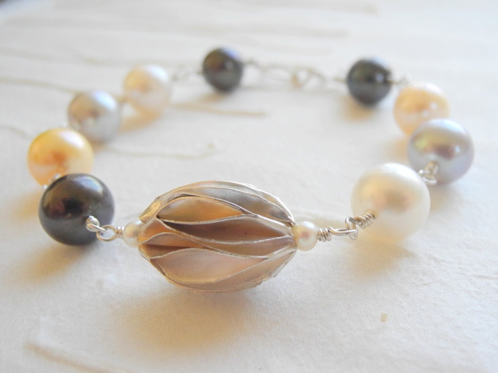 Pearl Bracelet Silver Bead Light Gold White Black Blue Gray Sterling Silver Wire Wrap