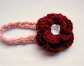 Crochet Headband,  Newborn Headband with Crochet Flower in Red and Pink  Baby Headband, Handmade Headband, Photography Prop