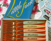 Vintage Florida souvenir little forks -  set of six in pink blue and ivory plastic and stainless steel