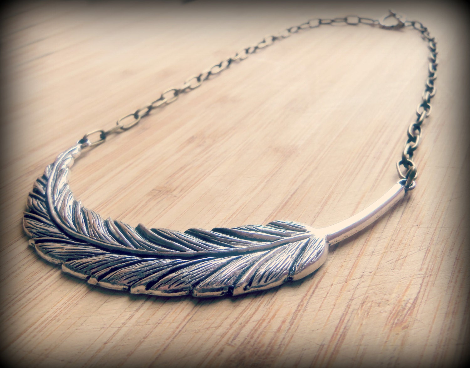 Large Tribal Silver Feather Necklace with Antique Brass Chain
