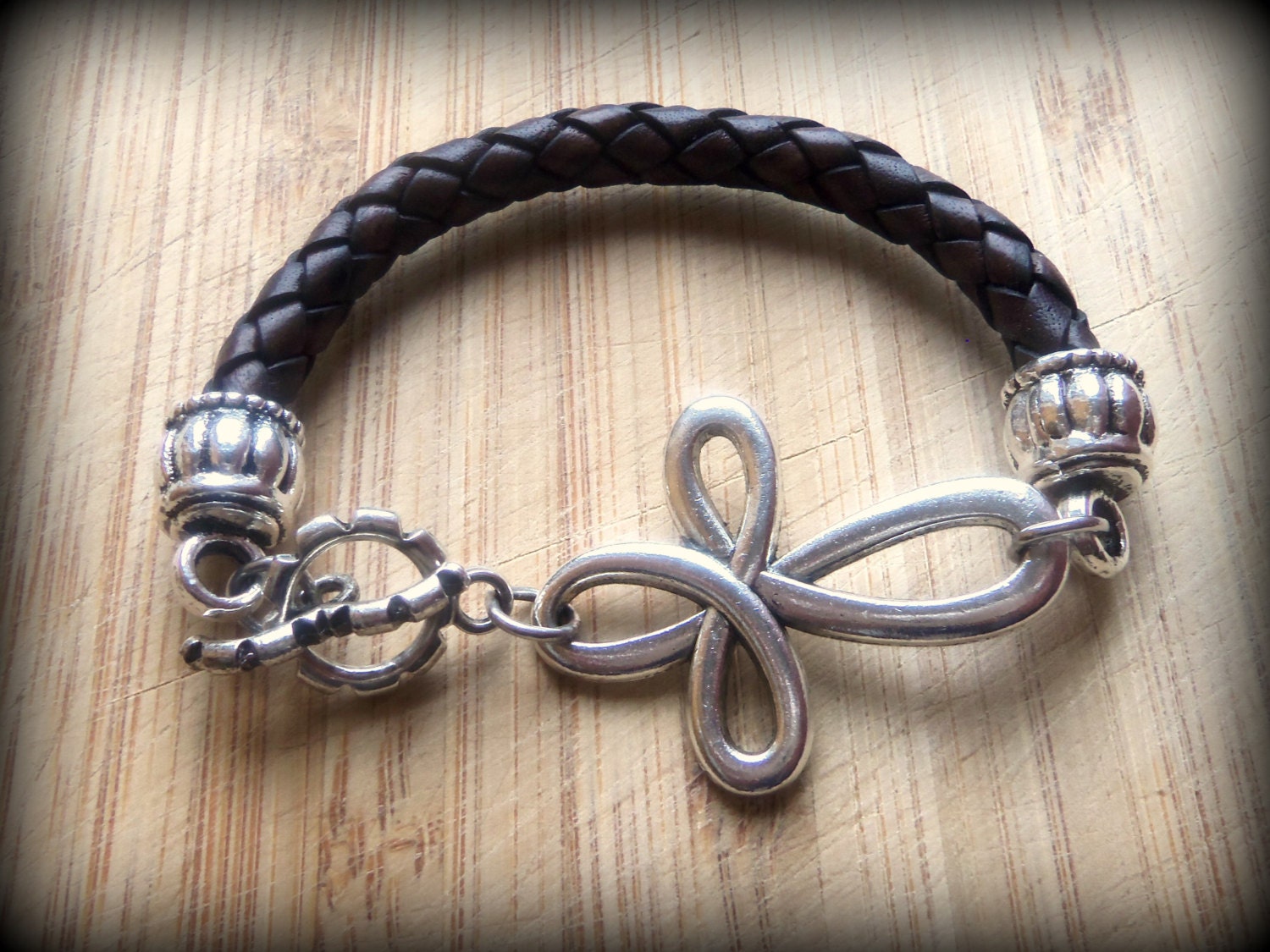 Tribal Silver Infinity Cross Bracelet with Braided Leather Band