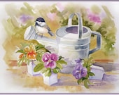 Watercolor Painting Chickadee Pansies Watering Can - Original Painting 9 in x 12 in