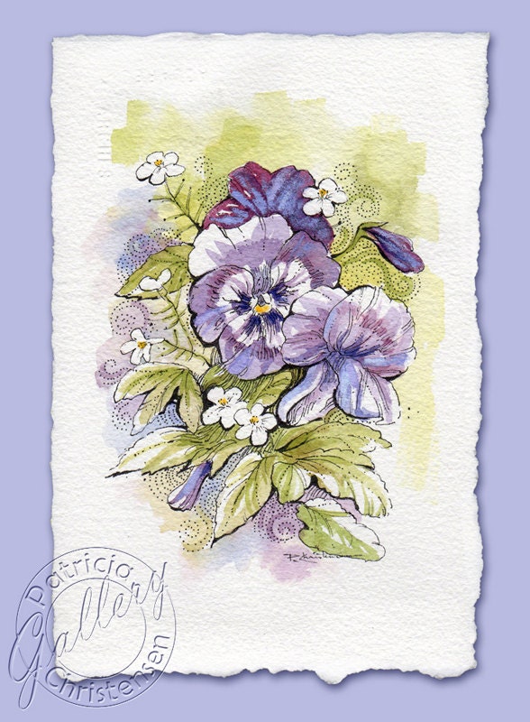 Purple Pansies White Flowers Original Watercolor Painting Spring Garden Gift