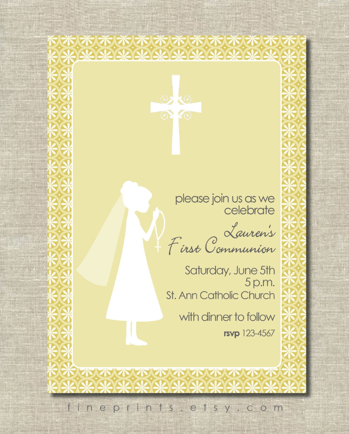 first communion invitation - yellow with silhouette