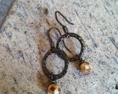 Caramel Wire Wrapped Antique Brass Dangle Earrings