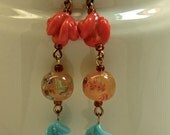 Vintage Japanese Amber Orange Millefiori Glass Bead Earrings, Coral, Turquoise Dangle Glass Twists