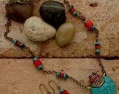 ENLIGHTENED - Necklace and Earring Set - Turquoise and Red Coral Perfume Bottle, Antiqued Brass