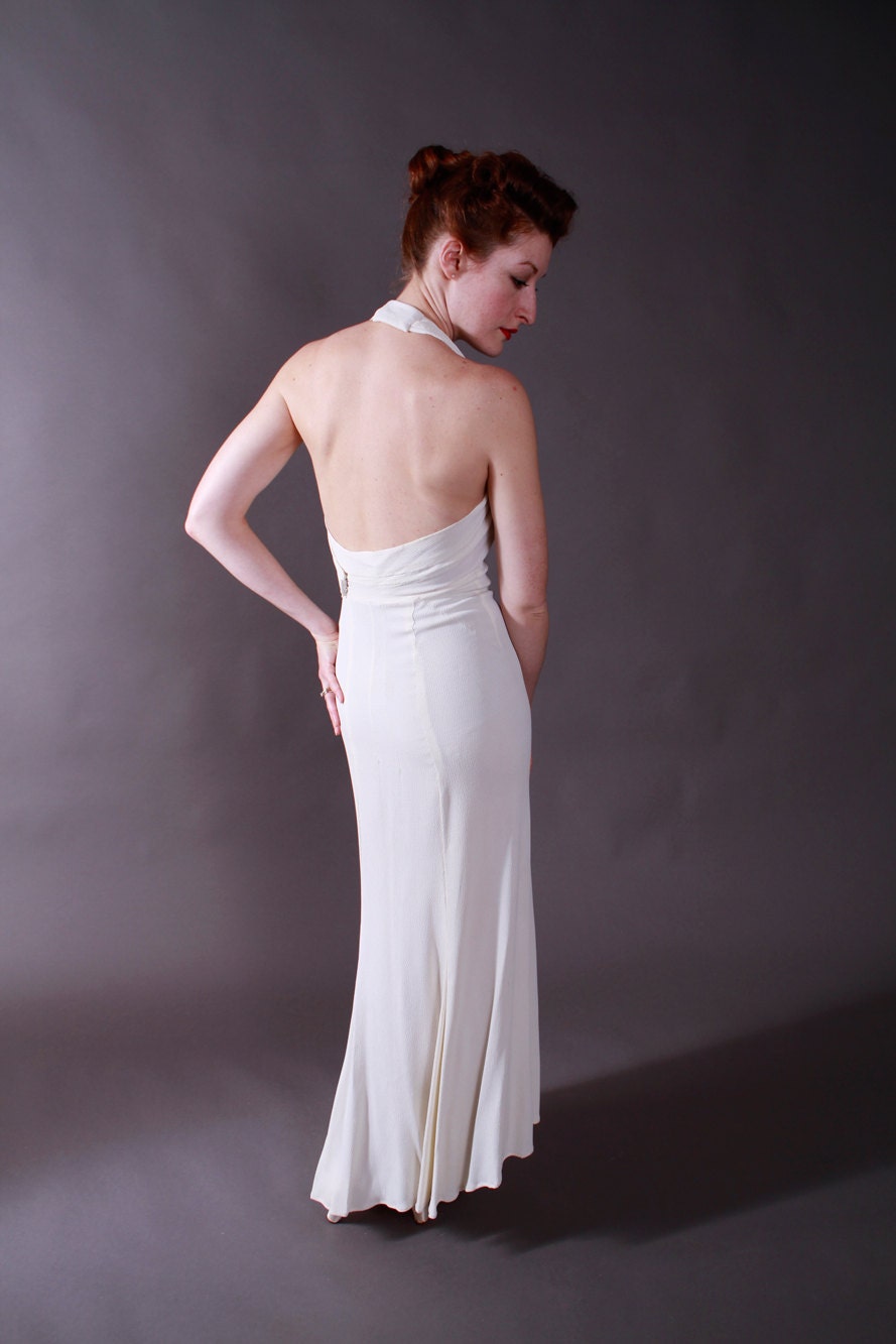 Vintage 1930s Wedding Dress - Stunning Silk Crepe Bias Cut Halter Wedding Gown Evening Dress