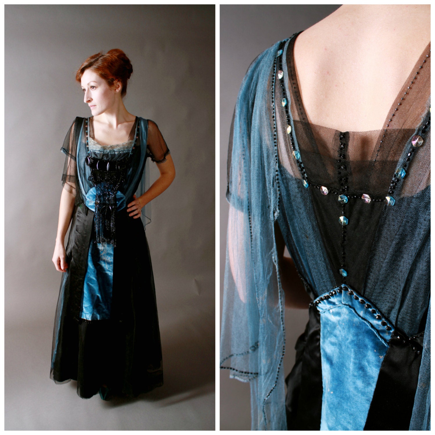 RESERVED ON LAYAWAY Vintage Edwardian Dress - Stunning c.1916/7 Silk, Velvet and Tulle Beaded Gown