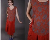 Vintage 1920s Dress - Red Silk with Printed Bodice of Blue Flowers and Draped Skirt