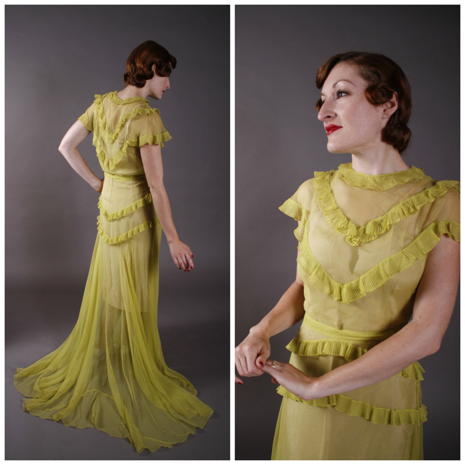 Vintage 1930s Dress - Sheer Chartreuse Green Summer Gown with Train