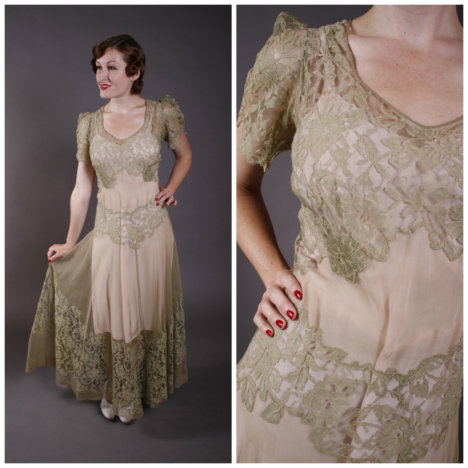Vintage 1930s Dress - Sheer Sage Green Chiffon and Lace Summer Dress