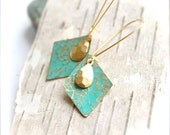 Turquoise Verdigris Brass Diamond -Patina Earrings - Handmade Jewellery Geometric Diamond