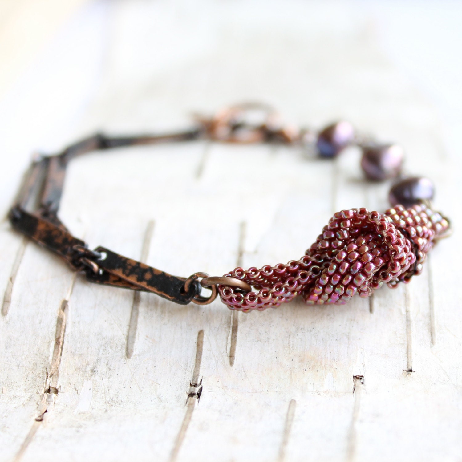 Beadwoven Knot, Pearl, Patinaed Copper - Patina Bracelet -Tied Patina Jewelry