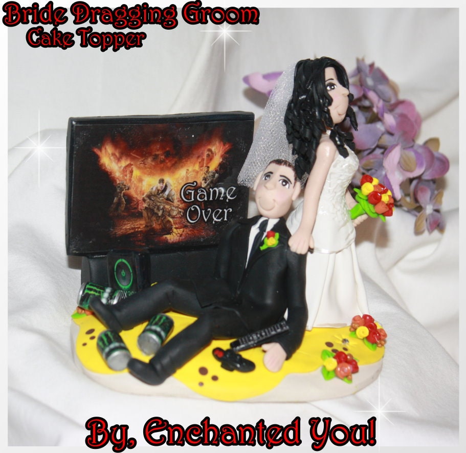 Bride Dragging Groom, Game Over, Wedding Cake Topper, Personalized
