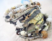 Liquid Light. Ivory, White and Grey Victorian Tribal Rustic Gypsy Bangle Stack, bracelet set.