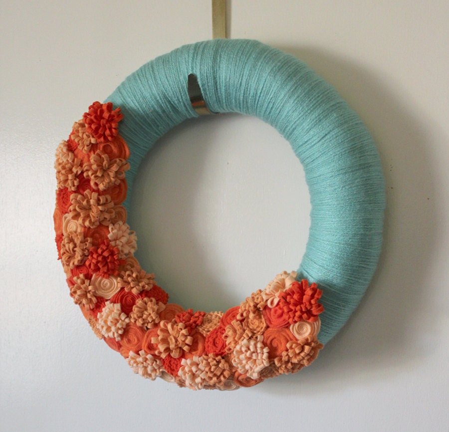 Orange and Aqua Wreath, Orange Creamsicle Wreath, Yarn and Felt Flower Wreath, 14 inch size - MADE TO ORDER
