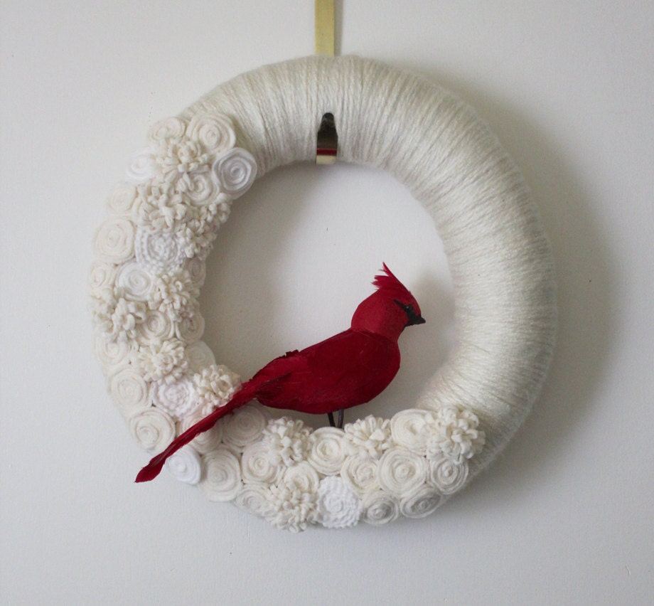 Cardinal Wreath, White and Red Wreath, Redbird Wreath, Yarn and Felt Wreath - 14 inch size - READY TO SHIP