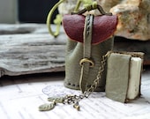 Necklace MiniatureBook in a little bag Red Brown & Olive Green leather. - fullmoonn