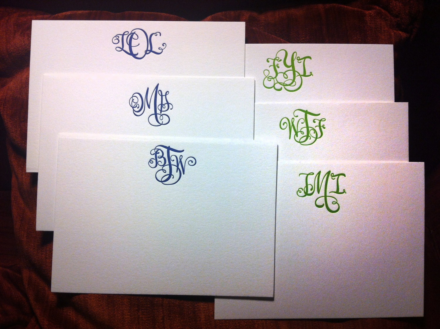 Sarcastic Monogram letterpress stationery set: Omg, Tmi, Btw, Lol, Fyi, Wtf- 12 pack