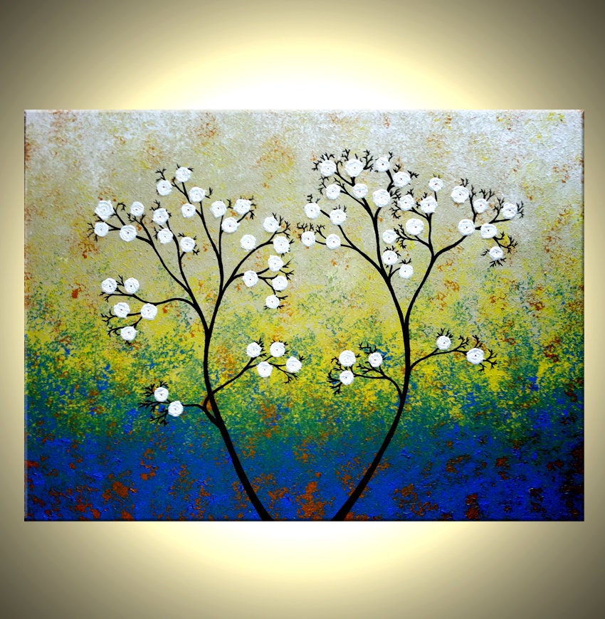 Original Abstract Tree Painting, White Floral Tree, Cherry Blossoms, Textured Green Landscape Tree Art, 30x40" by Lafferty - FREE SHIPPING