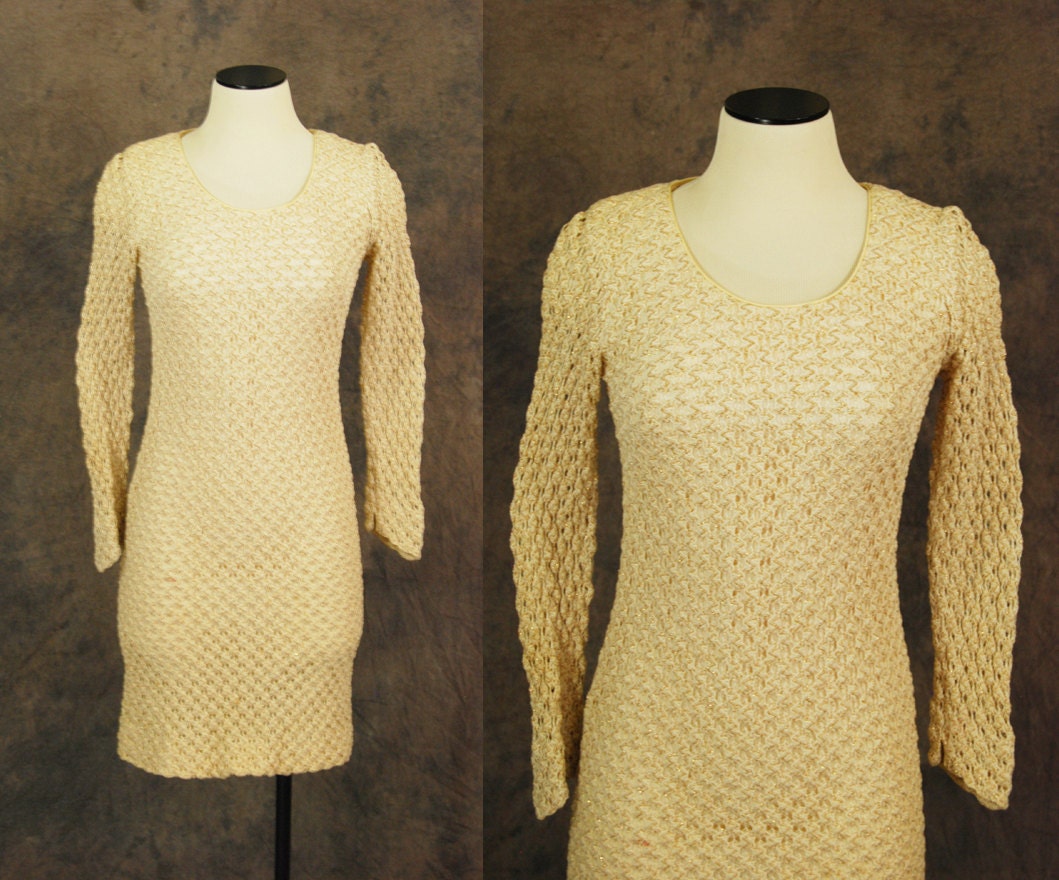 vintage 60s Sweater Dress - Ivory and Metallic Gold Sheer Knit Lace Wiggle Dress Sz S