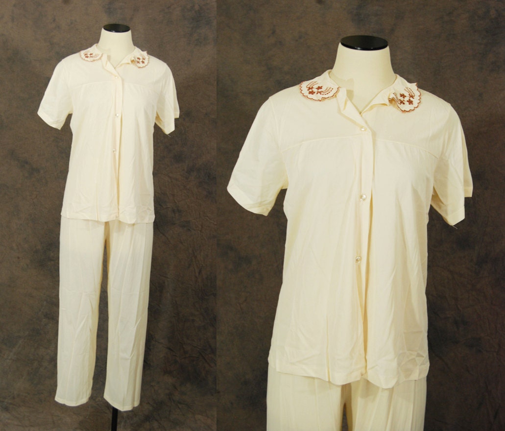 vintage 60s Pajamas - Ivory Nylon Night Shirt and Pants Set Sz M