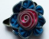 Blue and Hot  Pink Floral Brooch / Zipper Pin by ZipPinning 2481