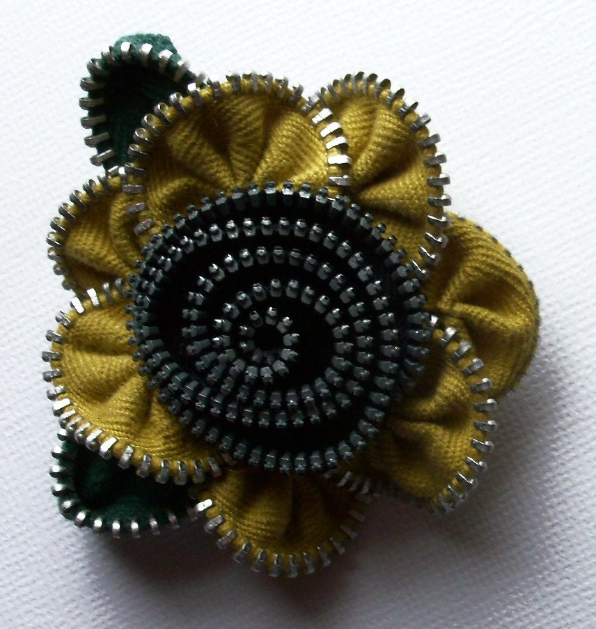 Mustard Gold  and Black Floral Brooch / Zipper Pin by ZipPinning 2493
