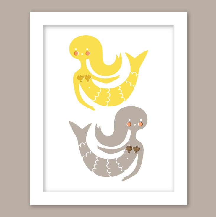 mermaid duo giclee art print on fine art paper. 8X10. yellow & gray.