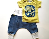 modern baby gift set - organic thistle tee/downtown aladdin pants - girls boys outfit - yellow/blue