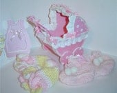 Baby Shower  Gift Set Carriage Booties Hat Bib Silver Spoon  and Greeting Card OOAK