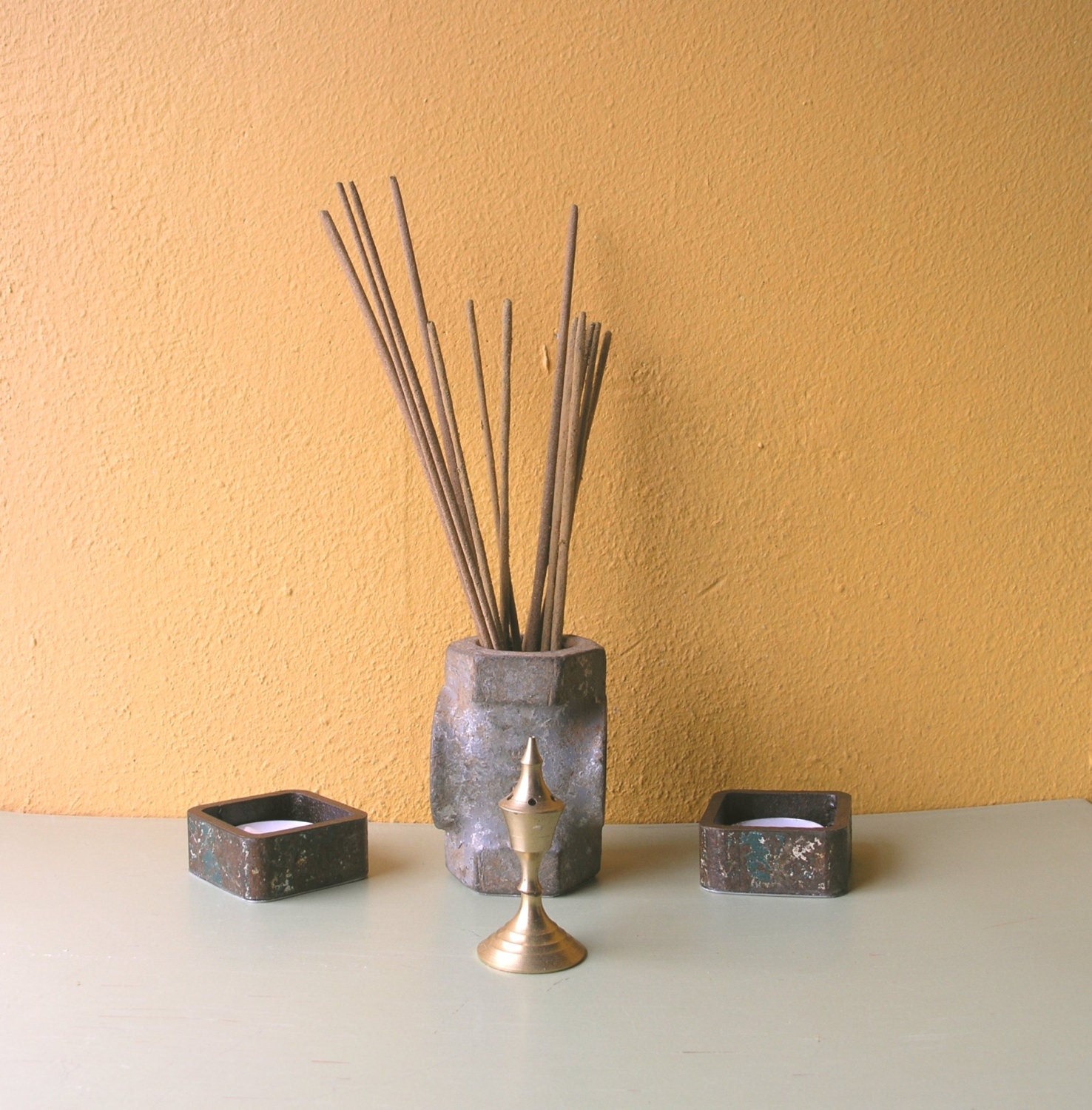 Meditation Kit, Industrial Decor, Tea Candle Holders and Incense Holder