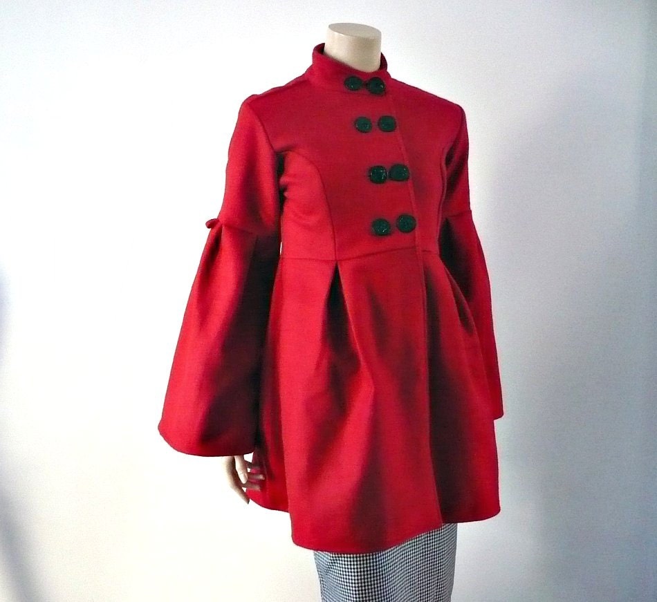 CAMILLE French Vintage Red Wool Babydoll Coat