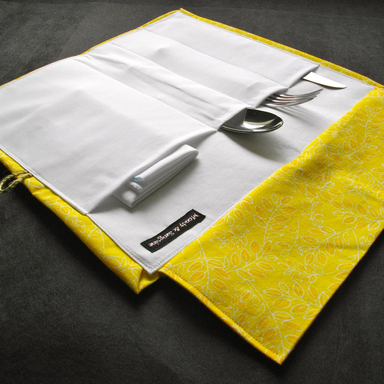Cutlery Roll - Cutie Cutlery Roll Yellow Leaf Print with Snow White Lining