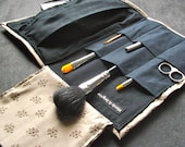 Makeup Bag - Marvellous Moveable Makeup - Brush Travel Roll - Dark Coffee Beige Florals, Black Lining